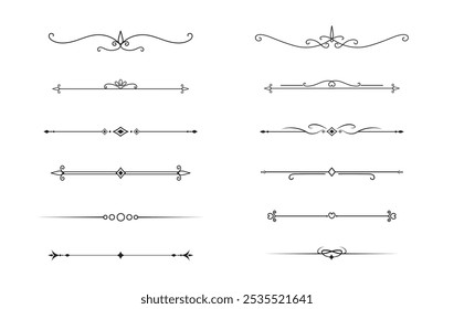 Conjunto de líneas decorativas de Antiguas. divisores de texto. Borde de línea. Separadores de líneas, bordes, divisores de Antiguas, Elementos de subrayado. Ilustración vectorial