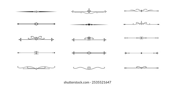 Conjunto de líneas decorativas de Antiguas. divisores de texto. Borde de línea. Separadores de líneas, bordes, divisores de Antiguas, Elementos de subrayado. Ilustración vectorial