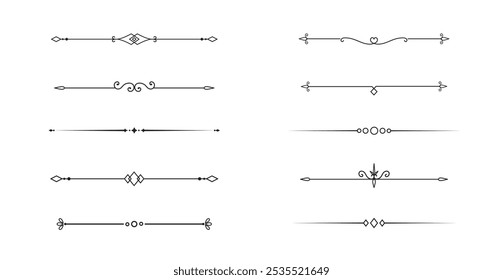 Conjunto de líneas decorativas de Antiguas. divisores de texto. Borde de línea. Separadores de líneas, bordes, divisores de Antiguas, Elementos de subrayado. Ilustración vectorial