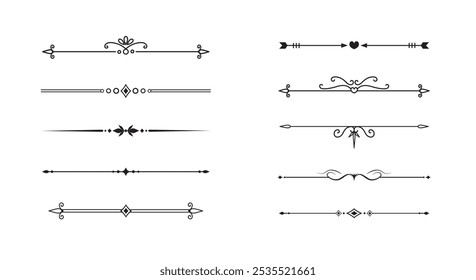 Conjunto de líneas decorativas de Antiguas. divisores de texto. Borde de línea. Separadores de líneas, bordes, divisores de Antiguas, Elementos de subrayado. Ilustración vectorial