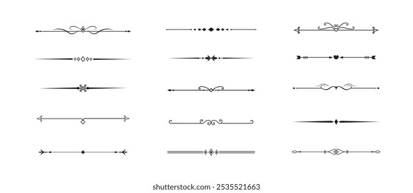 Conjunto de líneas decorativas de Antiguas. divisores de texto. Borde de línea. Separadores de líneas, bordes, divisores de Antiguas, Elementos de subrayado. Ilustración vectorial