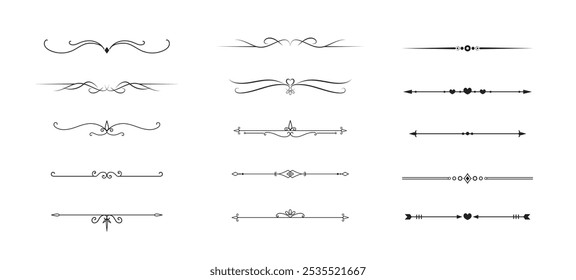 Conjunto de líneas decorativas de Antiguas. divisores de texto. Borde de línea. Separadores de líneas, bordes, divisores de Antiguas, Elementos de subrayado. Ilustración vectorial