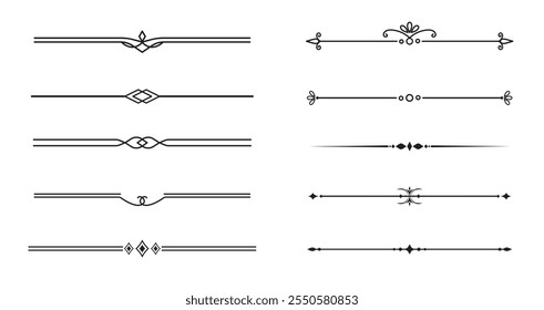 Conjunto de líneas decorativas de Antiguas. divisores de texto. Borde de línea. Separadores de líneas, bordes, divisores de Antiguas, Elementos de subrayado. Ilustración vectorial