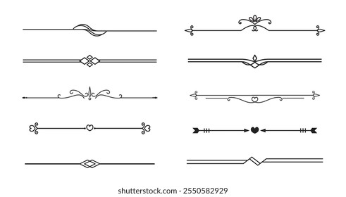 Conjunto de líneas decorativas de Antiguas. divisores de texto. Borde de línea. Separadores de líneas, bordes, divisores de Antiguas, Elementos de subrayado. Ilustración vectorial