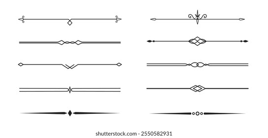 Conjunto de líneas decorativas de Antiguas. divisores de texto. Borde de línea. Separadores de líneas, bordes, divisores de Antiguas, Elementos de subrayado. Ilustración vectorial