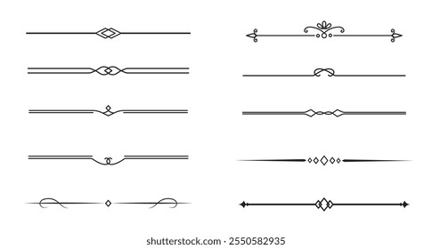 Conjunto de líneas decorativas de Antiguas. divisores de texto. Borde de línea. Separadores de líneas, bordes, divisores de Antiguas, Elementos de subrayado. Ilustración vectorial