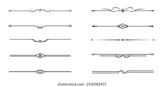 Conjunto de líneas decorativas de Antiguas. divisores de texto. Borde de línea. Separadores de líneas, bordes, divisores de Antiguas, Elementos de subrayado. Ilustración vectorial