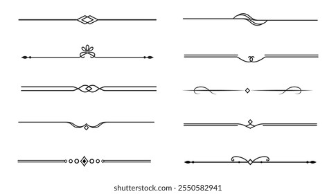 Conjunto de líneas decorativas de Antiguas. divisores de texto. Borde de línea. Separadores de líneas, bordes, divisores de Antiguas, Elementos de subrayado. Ilustración vectorial