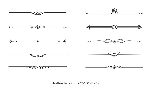 Conjunto de líneas decorativas de Antiguas. divisores de texto. Borde de línea. Separadores de líneas, bordes, divisores de Antiguas, Elementos de subrayado. Ilustración vectorial