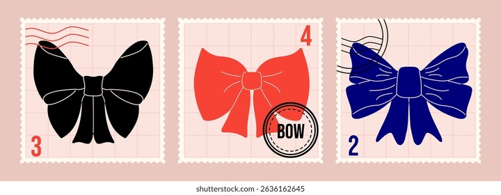 Set of vintage decorative postage stamps with different bows on isolated background. Vector Hand draw elements