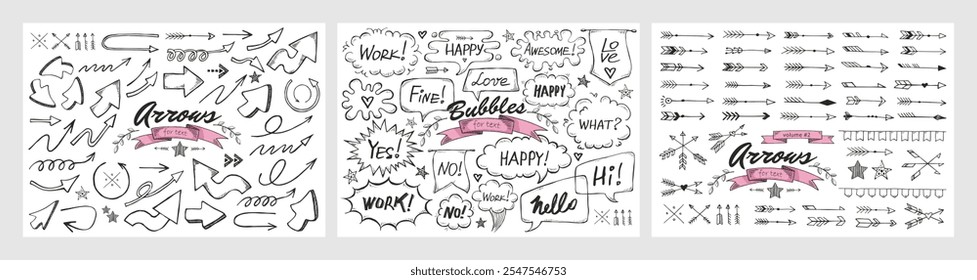 Set of vintage decorative vector Arrows and Text Bubbles. Elements for old looking design of label, text header,  title, calligraphy or lettering. Useful pretty tool, illustration in doodle style.