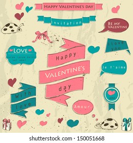 Set of vintage deign elements about love. Vector illustration EPS8