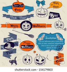 Set of vintage deign elements about Halloween. Vector illustration EPS8