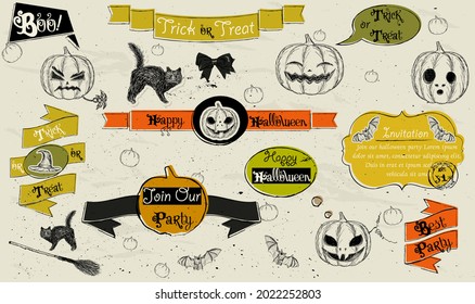 Set of vintage deign elements about Halloween.  Black and orange colors. See more in my Halloween collection. Vector illustration EPS8