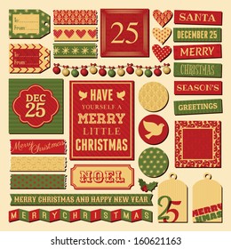 A set of vintage design elements for Christmas in traditional red, green and gold colors.