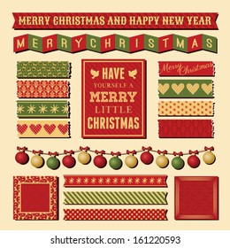 A set of vintage design elements for Christmas in traditional red, green and gold colors.