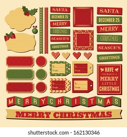 A set of vintage design elements for Christmas in traditional red, green and gold colors.