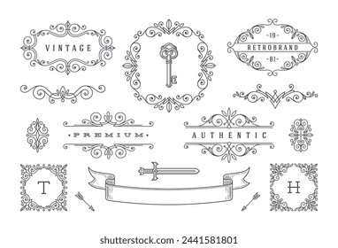 Set of vintage design elements. Flourishes and ornamental frames, border, dividers, banners and other heraldic elements for logo, emblem, heraldry, greeting, invitation, page design, identity design.