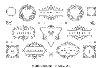 Set of vintage design elements. Flourishes and ornamental frames, border, dividers, banners and other heraldic elements for logo, emblem, heraldry, greeting, invitation, page design, identity design.