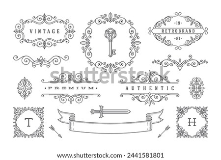 Set of vintage design elements. Flourishes and ornamental frames, border, dividers, banners and other heraldic elements for logo, emblem, heraldry, greeting, invitation, page design, identity design.
