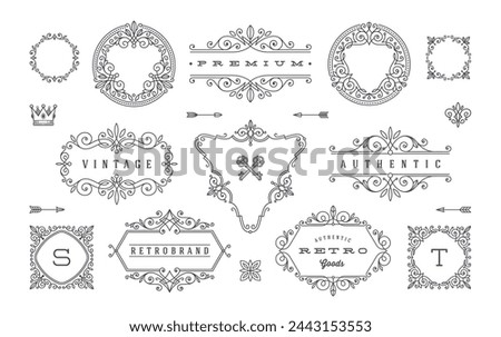 Set of vintage design elements. Flourishes and ornamental frames, border, dividers, banners and other heraldic elements for logo, emblem, heraldry, greeting, invitation, page design, identity design.