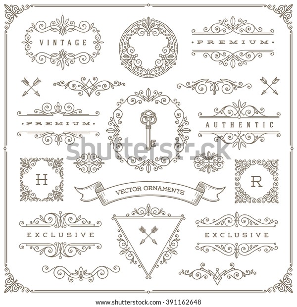 Set of vintage design elements - flourishes and\
ornamental frames, border, dividers, banners and other heraldic\
elements for logo, emblem, greeting, invitation, page design,\
identity design, and etc.