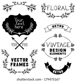 Set of vintage design elements and page decorations. Vintage hand-drawn frames, text dividers and labels of branches and leaves.