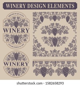 Set of vintage design elements for winery with grape branches, borders and wine label template.
