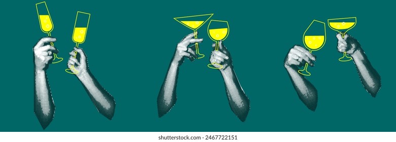 set Vintage design of the New Year's banner of the 90s with the image of hands holding champagne glasses couple. Collage of dots. Retro party. Vector illustration for a poster or greeting card green
