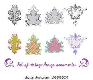 Set of vintage design ornaments. Black and white and colorful retro elements with decorative swirls and swashes.