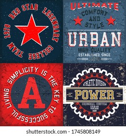 Set of vintage design print for t-shirt stamp, tee applique, fashion typography, badge, label clothing, jeans, and casual wear. Vector illustration.
