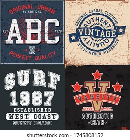 Set of vintage design print for t-shirt stamp, tee applique, fashion typography, badge, label clothing, jeans, and casual wear. Vector illustration.