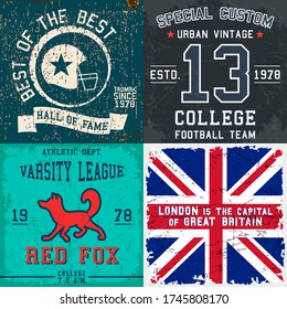 Set of vintage design print for t-shirt stamp, tee applique, fashion typography, badge, label clothing, jeans, and casual wear. Vector illustration.