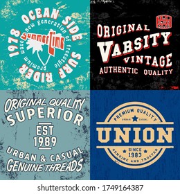 Set of vintage design print for t-shirt stamp, tee applique, fashion typography, badge, label clothing, jeans, and casual wear. Vector illustration.