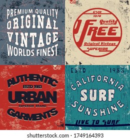 Set of vintage design print for t-shirt stamp, tee applique, fashion typography, badge, label clothing, jeans, and casual wear. Vector illustration.