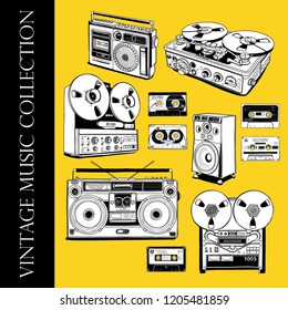 Set of a Vintage different Recording equipment. Audio tape cassettes, portable boombox, radio, player recorder, powered desktop speaker. Hand drawn style print. Vector illustration.