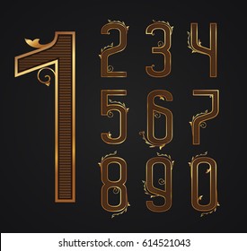 set of vintage digits from 0 to 9. Patterns of elegant gold figures with decor elements. Vector illustration