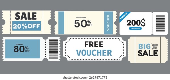 set of vintage discount coupons and sale vouchers in flat design offers such as 20% off, 50% off, 80% off, free