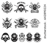 Set of vintage dive helmets. Diver emblems. Diver weapon. Vector illustration