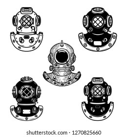Set of vintage diver helmets. Design element for logo, label, emblem, sign. Vector illustration