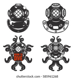 Set of vintage diver helmets. Diver helmet with octopus tentacles. Born to dive. Design elements for logo, label, emblem. Vector illustration.