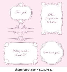 Set vintage dividers and frames of different shapes decorated with hearts. It can be used as invitation, message, label, postcard, Valentine's Day, wedding, celebration. Vector illustration.
