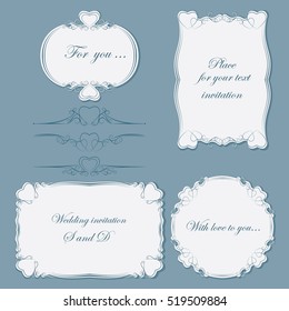 Set vintage dividers and frames of different shapes decorated with hearts. It can be used as invitation, message, label, postcard, Valentine's Day, wedding, celebration. Vector illustration.
