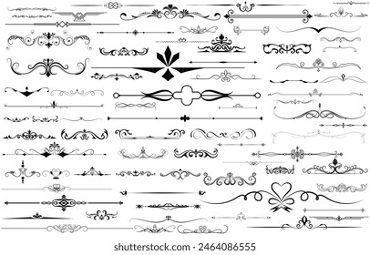 Set of vintage dividers Text dividers. Card decoration. Black lines. Swirls or scrolls, vintage frames, flourishes, labels and dividers. Retro style.