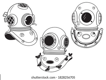Set of vintage diving helmets. Collection of retro style dive helmets. Design elements for logo. Marine submersible equipment. Vector illustration old scuba on white background.