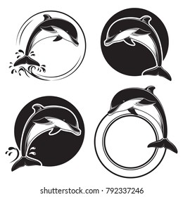 Set of vintage dolphin icons, emblems and labels with waves and water drops