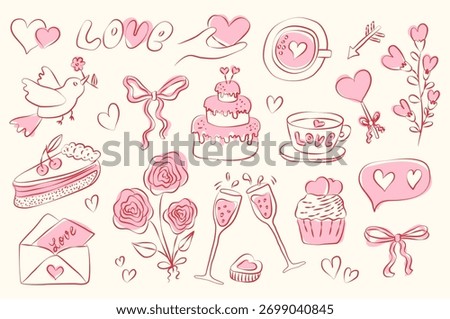 Set of vintage doodle hand drawn coquette elements. Ribbons, cute bows, cake, champagne glasses, bouquet of roses. Elegant vector illustration for Valentines day, birthday card, wedding invitation 