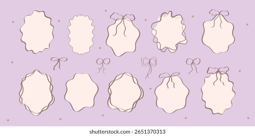 Set of vintage doodle hand-drawn frames. Minimalist line art. Trendy vintage whimsical borders for scrapbooking, wedding invitations, baby shower cards, and romantic designs. Vector сoquette frame set