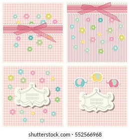 Set of vintage doodle scrap booking template for kid party, invitation, greeting, baby boy, girl shower card, Happy birthday label, postcard frame, child album. Vector.