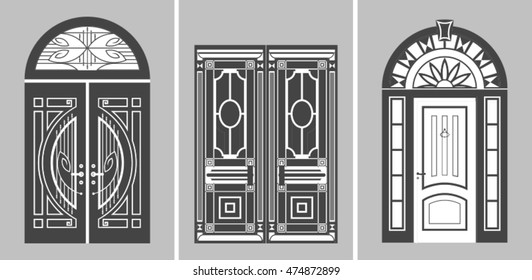 Set of vintage double interior door isolated on grey background